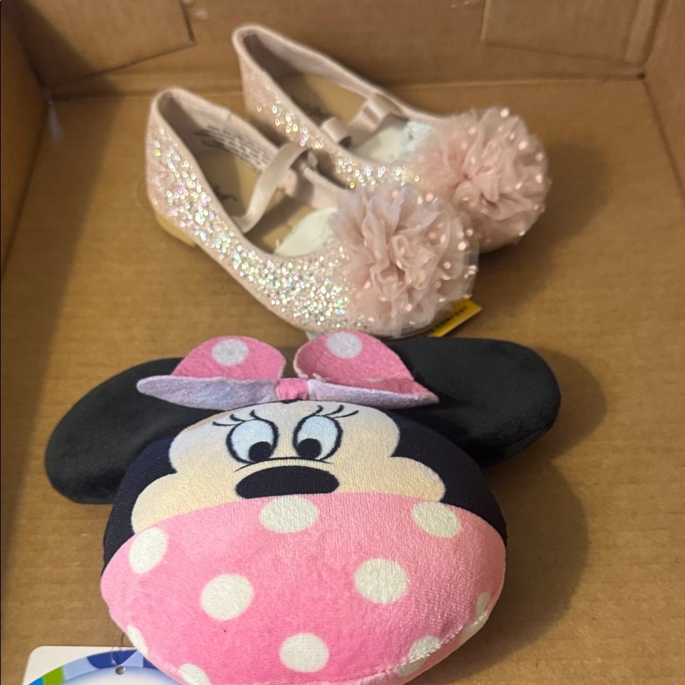 Child of Mine Glitter Pink Slippers with Minnie Mouse Plush Bag Charm